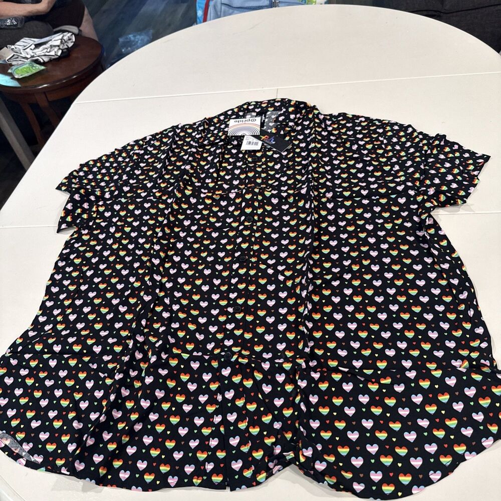 PH by Phluid Project Pride Rainbow Hearts Button-Down Shirt Black 2X NWT